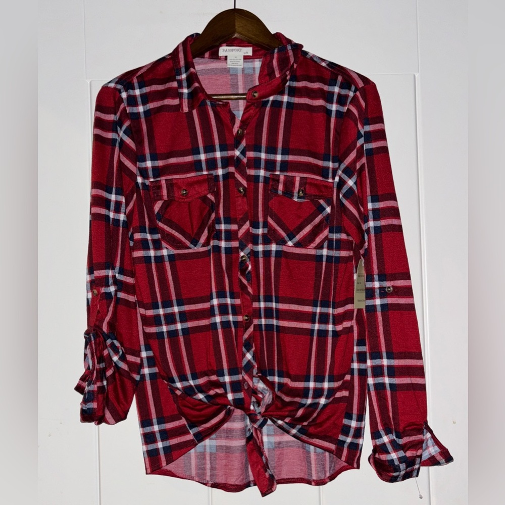 Passport Girl Red Plaid Button Up Flannel Shirt Women 16 Chore Barn Utility NEW